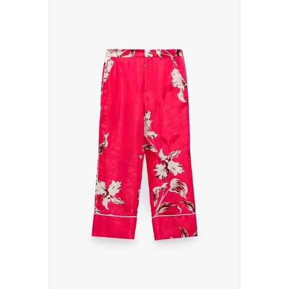 NWOT Zara pink floral print satin effect cropped pants, S - Picture 1 of 7